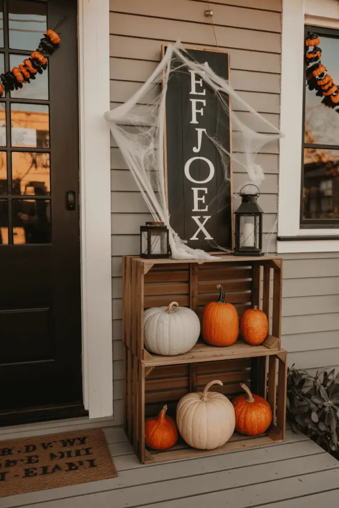 Halloween farmhouse porch entry with crates, pumpkins, lanterns, haunted wooden sign, and cobweb accents.