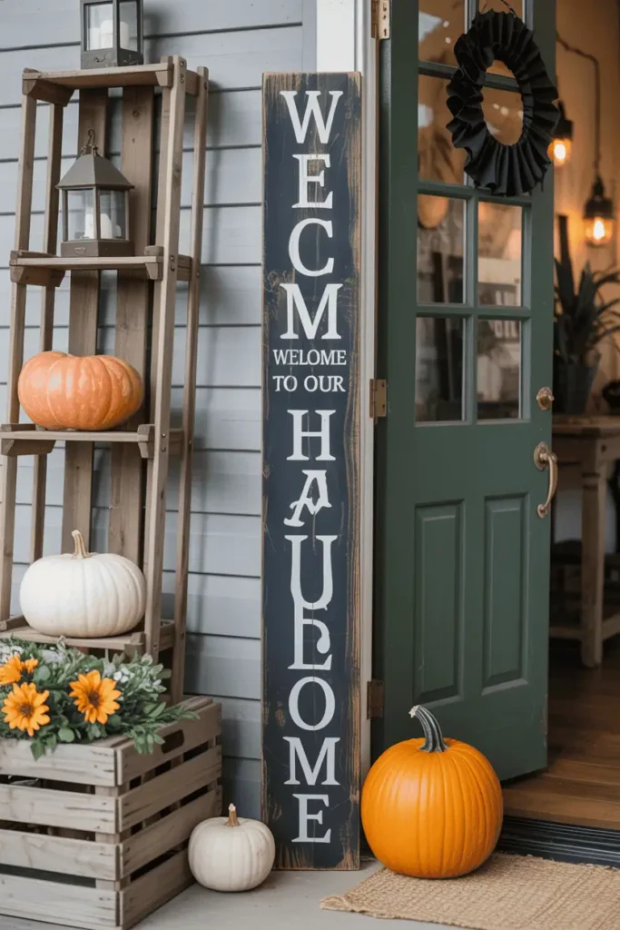 Tall distressed wooden sign reading âWelcome to Our Haunted Homeâ on a cozy Halloween porch with pumpkins.