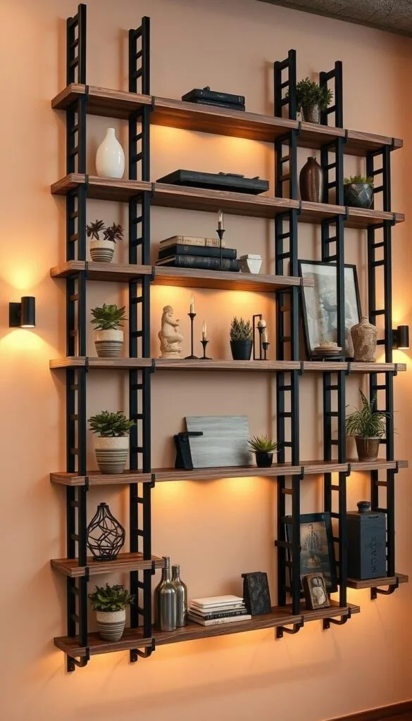Industrial wall shelves with metal and wood