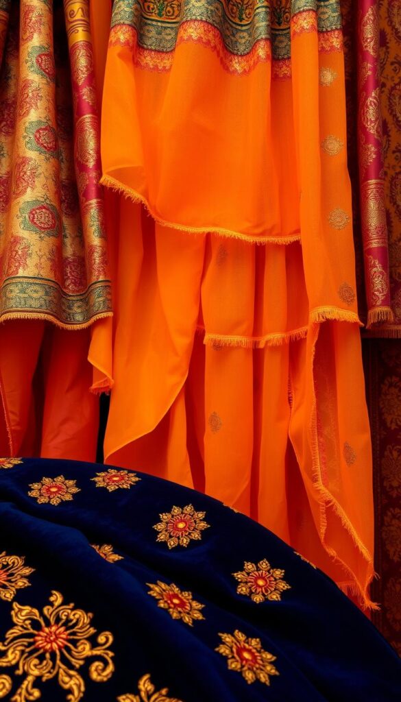 Intricate patterns of vibrant Indian textiles, woven with rich hues and intricate designs. A captivating display of traditional craftsmanship, showcasing the soul of Indian interiors. The foreground features a lush, velvet-like fabric in deep, jewel-toned blues and golds, its surface adorned with delicate embroidery and metallic accents. In the middle ground, cascading layers of sheer, colorful fabrics in warm ochres, saffrons, and ruby reds create a dynamic, layered composition. The background blends softly, allowing the textiles to take center stage, illuminated by a warm, diffused light that casts a cozy, inviting atmosphere.