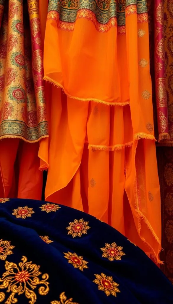 Intricate patterns of vibrant Indian textiles, woven with rich hues and intricate designs. A captivating display of traditional craftsmanship, showcasing the soul of Indian interiors. The foreground features a lush, velvet-like fabric in deep, jewel-toned blues and golds, its surface adorned with delicate embroidery and metallic accents. In the middle ground, cascading layers of sheer, colorful fabrics in warm ochres, saffrons, and ruby reds create a dynamic, layered composition. The background blends softly, allowing the textiles to take center stage, illuminated by a warm, diffused light that casts a cozy, inviting atmosphere.
