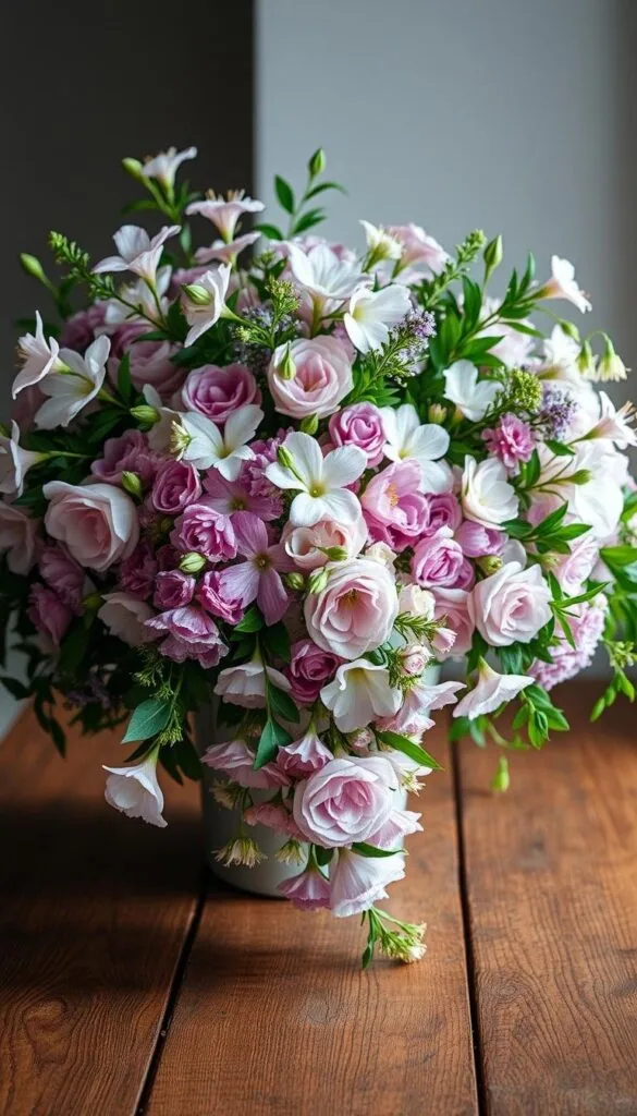 Lush and vibrant, a stunning DIY floral arrangement takes center stage. Delicate blooms in shades of pink, lavender, and white cascade gracefully, framed by verdant foliage. Soft, diffused lighting creates an ethereal, dreamlike atmosphere, enhancing the natural beauty of the florals. The arrangement is expertly positioned on a rustic wooden table, allowing the colors and textures to shine. Subtle shadows and highlights add depth and dimension, giving the scene a sense of depth and volume. The overall composition is balanced and harmonious, capturing the essence of summer's floral abundance in a captivating still life. Lush and vibrant, a stunning DIY floral arrangement takes center stage. Delicate blooms in shades of pink, lavender, and white cascade gracefully, framed by verdant foliage. Soft, diffused lighting creates an ethereal, dreamlike atmosphere, enhancing the natural beauty of the florals. The arrangement is expertly positioned on a rustic wooden table, allowing the colors and textures to shine. Subtle shadows and highlights add depth and dimension, giving the scene a sense of depth and volume. The overall composition is balanced and harmonious, capturing the essence of summer's floral abundance in a captivating still life.