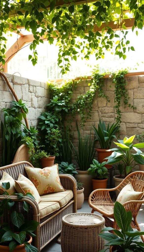 Lush foliage and an eclectic mix of boho-style outdoor furniture create a cozy, inviting atmosphere in this sun-dappled patio scene. In the foreground, a plush wicker loveseat with colorful throw pillows sits adjacent to a rattan chair with a macrame seat. Trailing vines and potted plants in varying sizes and shapes adorn the middle ground, their verdant hues complementing the natural wood tones. In the background, a stone or weathered-wood wall serves as a textural backdrop, while dappled sunlight filters through an overhead trellis, casting a warm, organic glow across the entire setting. The overall mood is one of relaxed, effortless elegance - a haven of carefree outdoor comfort. Lush foliage and an eclectic mix of boho-style outdoor furniture create a cozy, inviting atmosphere in this sun-dappled patio scene. In the foreground, a plush wicker loveseat with colorful throw pillows sits adjacent to a rattan chair with a macrame seat. Trailing vines and potted plants in varying sizes and shapes adorn the middle ground, their verdant hues complementing the natural wood tones. In the background, a stone or weathered-wood wall serves as a textural backdrop, while dappled sunlight filters through an overhead trellis, casting a warm, organic glow across the entire setting. The overall mood is one of relaxed, effortless elegance - a haven of carefree outdoor comfort.
