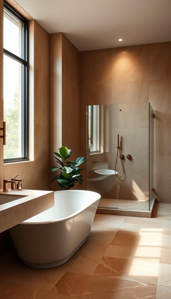 Luxurious natural stone bathroom, featuring a large clawfoot bathtub as the centerpiece. The walls are adorned with smooth, warm-toned marble tiles that catch the soft, diffused lighting filtering in through a large window. A minimalist vanity with a sleek stone countertop and simple brass fixtures stands to the side. In the corner, a lush potted plant adds a touch of nature, complementing the earthy, high-end aesthetic. Across the room, a standalone shower enclosure is enclosed in frameless glass, allowing the intricate patterns of the stone tiles to shine. The overall atmosphere is one of tranquility, sophistication, and an appreciation for the natural beauty of the materials. Luxurious natural stone bathroom, featuring a large clawfoot bathtub as the centerpiece. The walls are adorned with smooth, warm-toned marble tiles that catch the soft, diffused lighting filtering in through a large window. A minimalist vanity with a sleek stone countertop and simple brass fixtures stands to the side. In the corner, a lush potted plant adds a touch of nature, complementing the earthy, high-end aesthetic. Across the room, a standalone shower enclosure is enclosed in frameless glass, allowing the intricate patterns of the stone tiles to shine. The overall atmosphere is one of tranquility, sophistication, and an appreciation for the natural beauty of the materials.