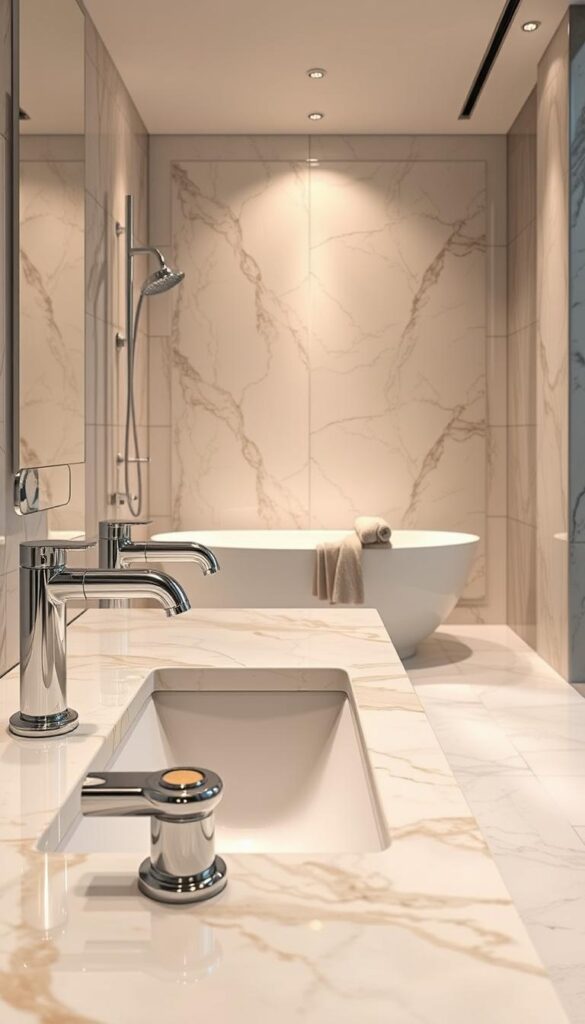 Luxury bathroom materials: a gleaming array of polished marble tiles, their veined patterns catching the warm light from overhead spotlights. Sleek chrome faucets and shower fixtures stand in elegant contrast, their reflective surfaces mirroring the clean lines of the modern vanity. In the background, a deep, free-standing bathtub awaits, its smooth, glossy surface inviting relaxation. Soft, plush towels in muted hues are neatly folded, completing the scene of refined, spa-like luxury. The entire composition exudes a sense of sophisticated tranquility, capturing the essence of a high-end, contemporary bathroom design. Luxury bathroom materials: a gleaming array of polished marble tiles, their veined patterns catching the warm light from overhead spotlights. Sleek chrome faucets and shower fixtures stand in elegant contrast, their reflective surfaces mirroring the clean lines of the modern vanity. In the background, a deep, free-standing bathtub awaits, its smooth, glossy surface inviting relaxation. Soft, plush towels in muted hues are neatly folded, completing the scene of refined, spa-like luxury. The entire composition exudes a sense of sophisticated tranquility, capturing the essence of a high-end, contemporary bathroom design.
