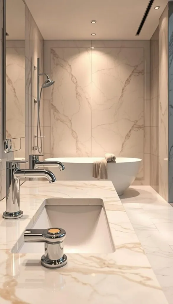 Luxury bathroom materials: a gleaming array of polished marble tiles, their veined patterns catching the warm light from overhead spotlights. Sleek chrome faucets and shower fixtures stand in elegant contrast, their reflective surfaces mirroring the clean lines of the modern vanity. In the background, a deep, free-standing bathtub awaits, its smooth, glossy surface inviting relaxation. Soft, plush towels in muted hues are neatly folded, completing the scene of refined, spa-like luxury. The entire composition exudes a sense of sophisticated tranquility, capturing the essence of a high-end, contemporary bathroom design.
