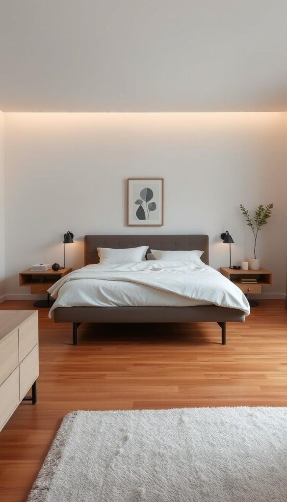 Minimalist bedroom with clean lines and muted tones. Sparse furnishings - a low-profile bed frame, floating nightstands, and a sleek dresser. Soft indirect lighting casts a calming glow. The hardwood floor is uncluttered, save for a plush rug. Airy, neutral-colored textiles adorn the bed. Subtle wall decor, like a framed print or plant, adds a touch of natural beauty. The overall aesthetic is serene, allowing the eye to rest and the mind to find peace.
