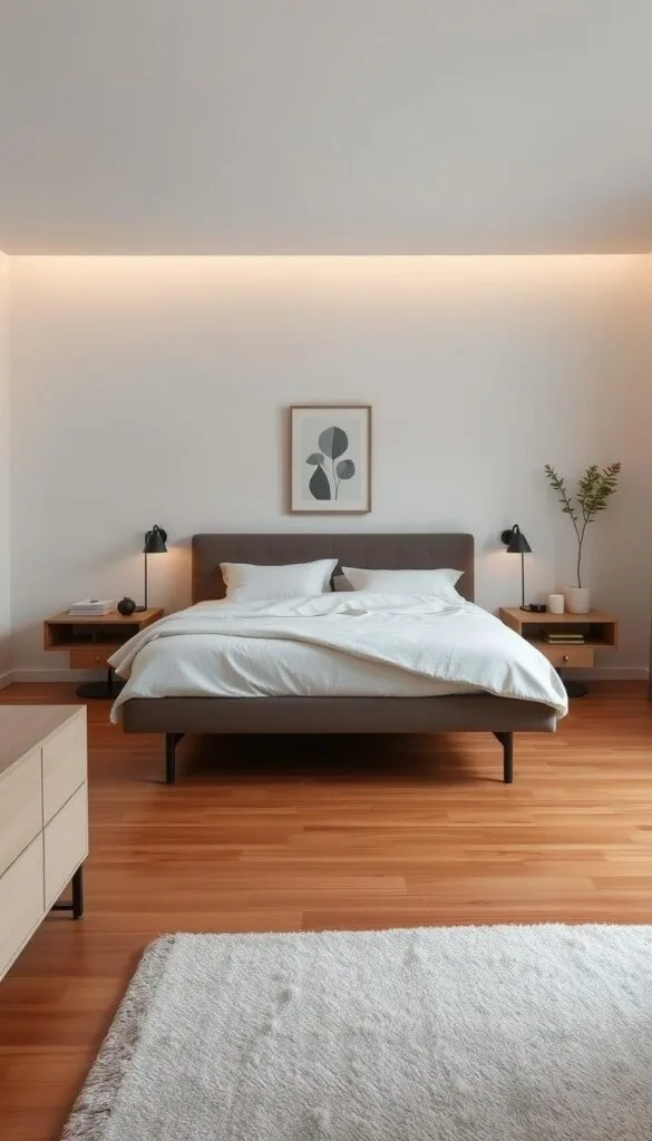 Minimalist bedroom with clean lines and muted tones. Sparse furnishings - a low-profile bed frame, floating nightstands, and a sleek dresser. Soft indirect lighting casts a calming glow. The hardwood floor is uncluttered, save for a plush rug. Airy, neutral-colored textiles adorn the bed. Subtle wall decor, like a framed print or plant, adds a touch of natural beauty. The overall aesthetic is serene, allowing the eye to rest and the mind to find peace.