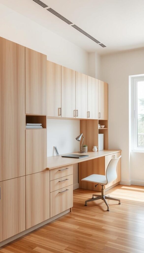 Minimalist home office organization with cabinets