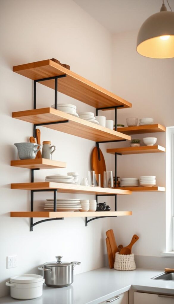 Open shelving design in a modern kitchen