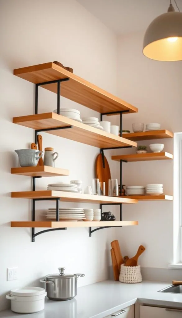 Open shelving design in a modern kitchen Open shelving design in a modern kitchen