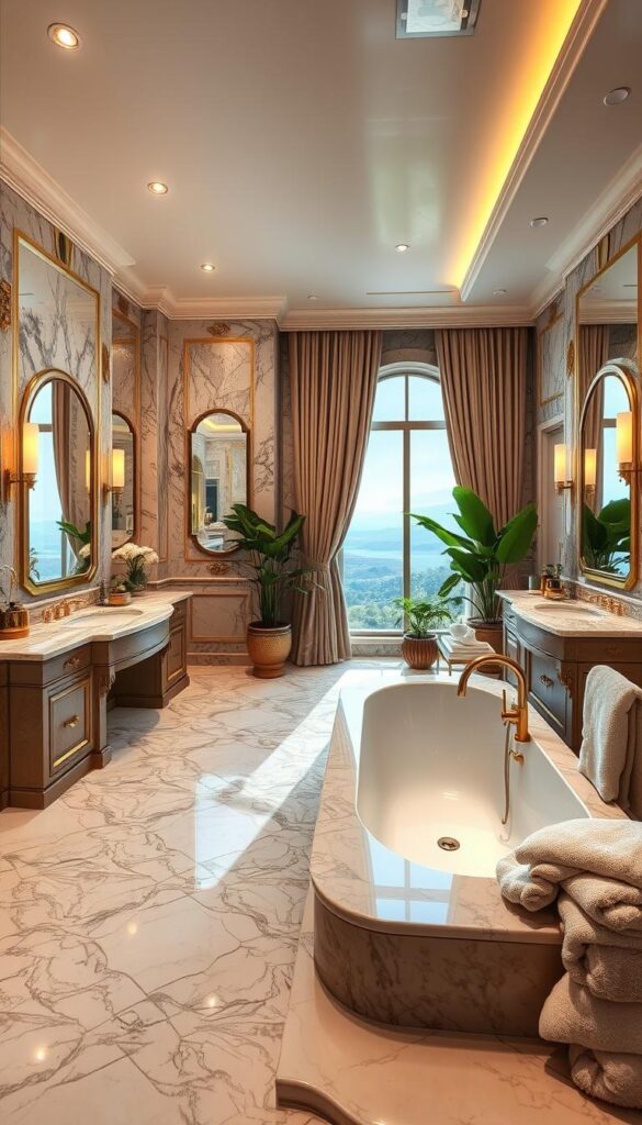 Opulent marble floors, intricate tilework, and a deep soaking tub take center stage in this luxurious bathroom. Gleaming brass fixtures and an expansive vanity with backlit mirrors create an atmosphere of refined elegance. Soft, warm lighting from recessed ceiling fixtures and sconces casts a gentle glow, complementing the natural stone accents. A large window offers a picturesque view, framed by plush, flowing curtains. Lush potted plants add a touch of nature, while a freestanding towel warmer and plush, oversized towels complete the spa-like ambiance. This bathroom exudes a sense of indulgence and tranquility, a true oasis of luxury. Opulent marble floors, intricate tilework, and a deep soaking tub take center stage in this luxurious bathroom. Gleaming brass fixtures and an expansive vanity with backlit mirrors create an atmosphere of refined elegance. Soft, warm lighting from recessed ceiling fixtures and sconces casts a gentle glow, complementing the natural stone accents. A large window offers a picturesque view, framed by plush, flowing curtains. Lush potted plants add a touch of nature, while a freestanding towel warmer and plush, oversized towels complete the spa-like ambiance. This bathroom exudes a sense of indulgence and tranquility, a true oasis of luxury.
