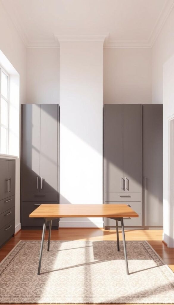Organized home workspace with minimalist cabinets
