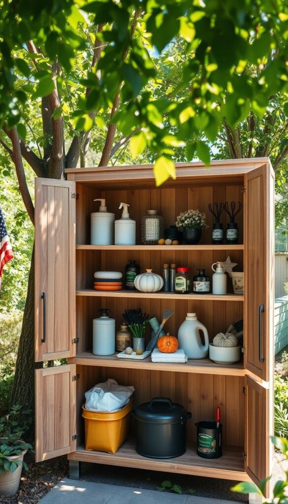 Organized outdoor storage cabinet with shelves Organized outdoor storage cabinet with shelves
