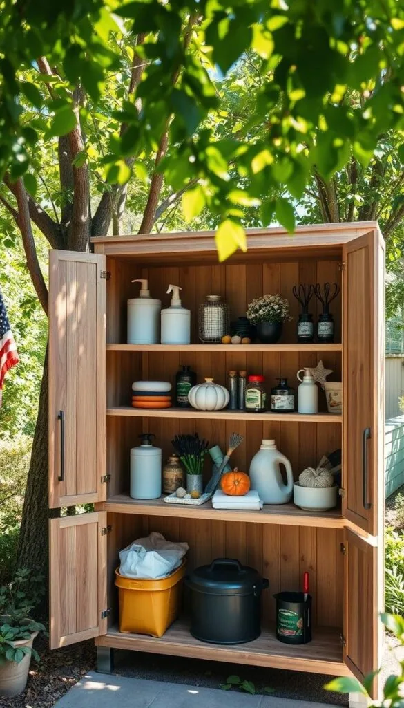 Organized outdoor storage cabinet with shelves