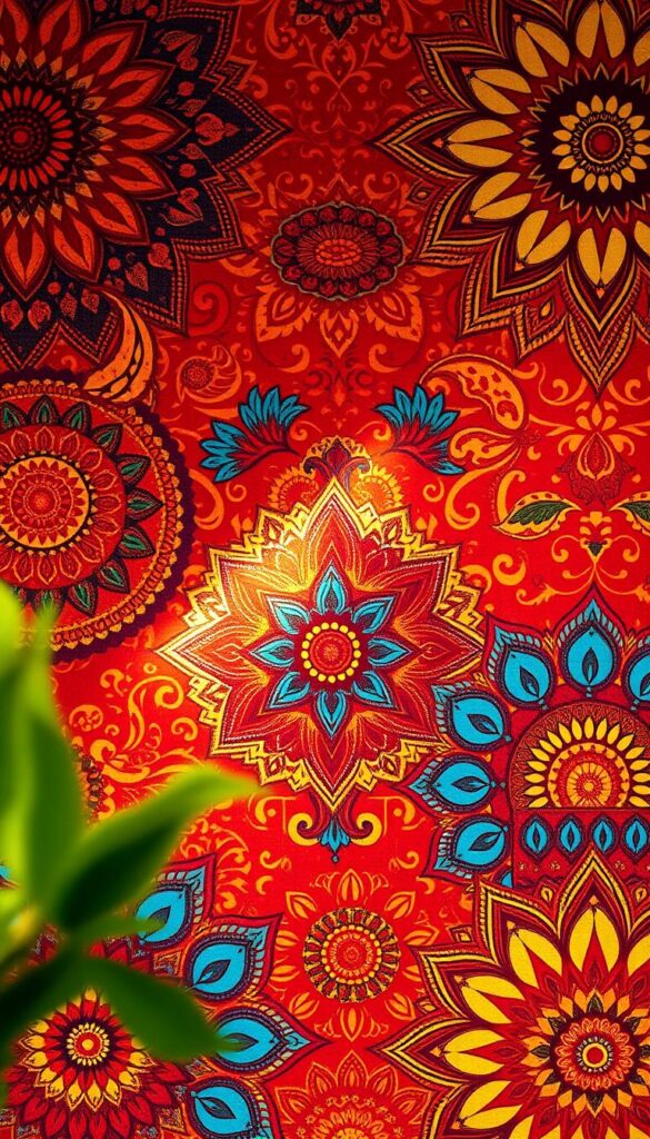 Ornate Indian mandala patterns in a vivid color palette of deep reds, vibrant oranges, and rich jewel-toned blues fill the frame. Detailed paisley motifs, intricate geometric designs, and elegantly curving floral elements create a lush, layered visual tapestry. Soft lighting bathes the scene in a warm, golden glow, highlighting the textural qualities of the patterns. The overall effect is one of opulence, tradition, and cultural richness, perfectly capturing the essence of timeless Indian home decor. Ornate Indian mandala patterns in a vivid color palette of deep reds, vibrant oranges, and rich jewel-toned blues fill the frame. Detailed paisley motifs, intricate geometric designs, and elegantly curving floral elements create a lush, layered visual tapestry. Soft lighting bathes the scene in a warm, golden glow, highlighting the textural qualities of the patterns. The overall effect is one of opulence, tradition, and cultural richness, perfectly capturing the essence of timeless Indian home decor.
