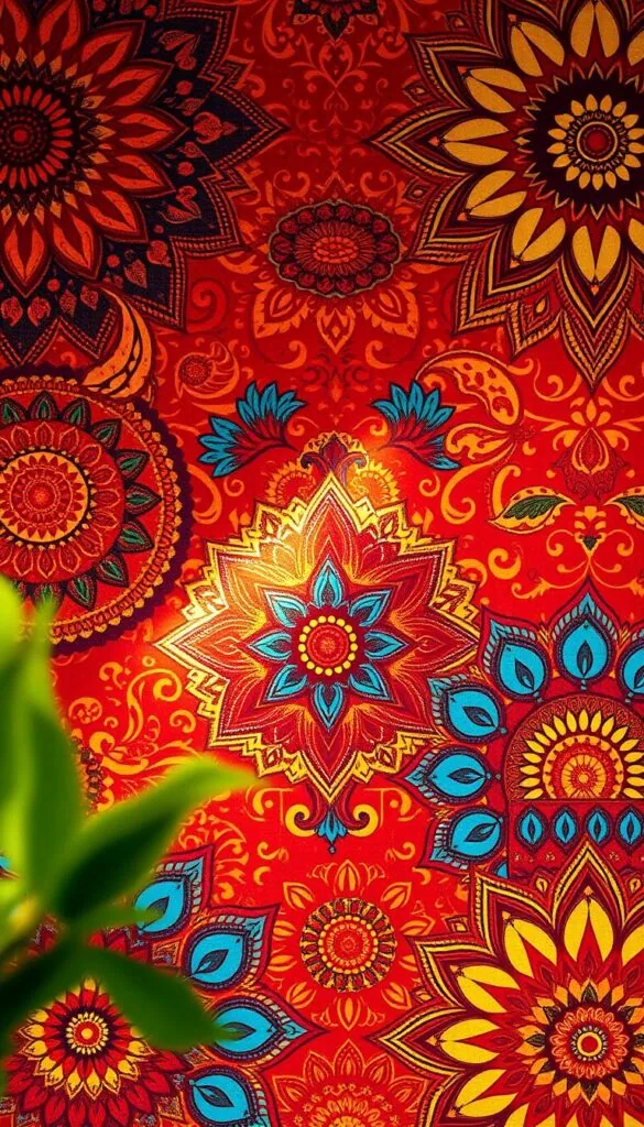 Ornate Indian mandala patterns in a vivid color palette of deep reds, vibrant oranges, and rich jewel-toned blues fill the frame. Detailed paisley motifs, intricate geometric designs, and elegantly curving floral elements create a lush, layered visual tapestry. Soft lighting bathes the scene in a warm, golden glow, highlighting the textural qualities of the patterns. The overall effect is one of opulence, tradition, and cultural richness, perfectly capturing the essence of timeless Indian home decor.