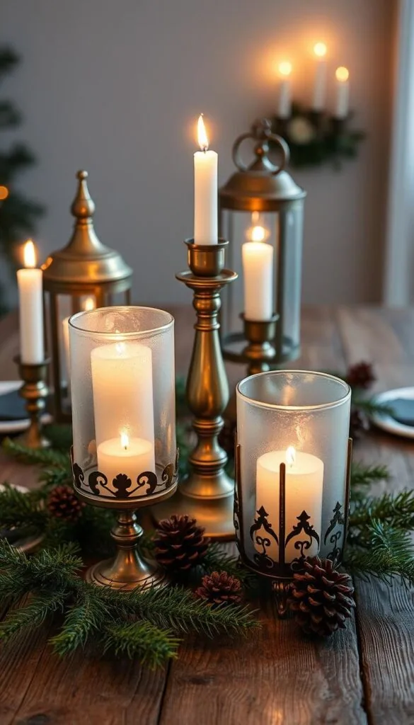 Ornate and elegant decorative candle holders, strategically arranged on a rustic wooden table. Candlelight flickers, casting a warm, cozy glow throughout the scene. Antique brass and frosted glass holders, complemented by touches of natural elements like pine branches and pinecones. Soft, diffused lighting creates an inviting, serene atmosphere, perfect for setting the mood for winter gatherings. The composition is balanced, with the candle holders as the focal point, surrounded by complementary seasonal accents. This visually striking display evokes the spirit of winter home decor trends, emphasizing the importance of seasonal aromas and the comforting ambiance of candlelight.