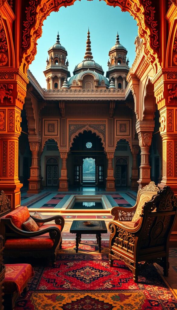 Ornate indian architecture with intricate carvings and vibrant colors. Towering domes and ornate arches in the background, framing a central courtyard with a small reflecting pool. Detailed, handcrafted furniture and textiles in the foreground, including a richly patterned rug, embroidered cushions, and carved wooden chairs. Warm, golden lighting illuminates the scene, casting soft shadows and highlighting the depth and textures of the craftsmanship. The overall atmosphere conveys a sense of timeless elegance and the enduring legacy of India's artistic heritage.
