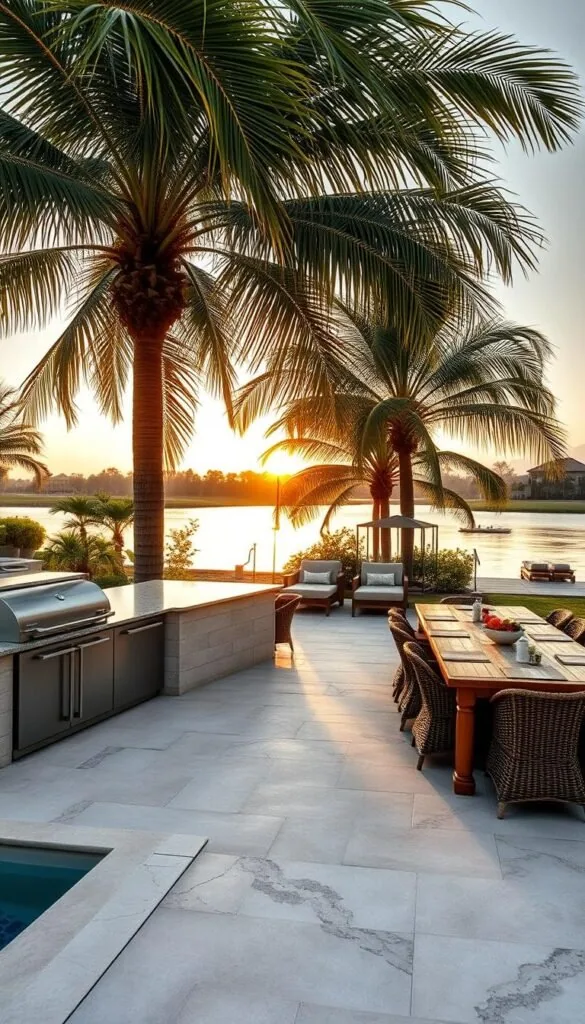 Poolside kitchen design with a waterfront outdoor dining setup. A modern, open-air kitchen nestled by the pool, with sleek stainless steel appliances and a large, granite-topped island. Lush palm trees sway gently in the breeze, their fronds casting dappled shadows across the tiled patio. A long, wooden dining table is set up nearby, surrounded by comfortable rattan chairs. In the distance, a tranquil lake or river reflects the warm, golden sunset, creating a serene and inviting atmosphere. The scene is bathed in soft, directional lighting, highlighting the textures and colors of the materials used. The overall impression is one of effortless, alfresco living and entertaining.