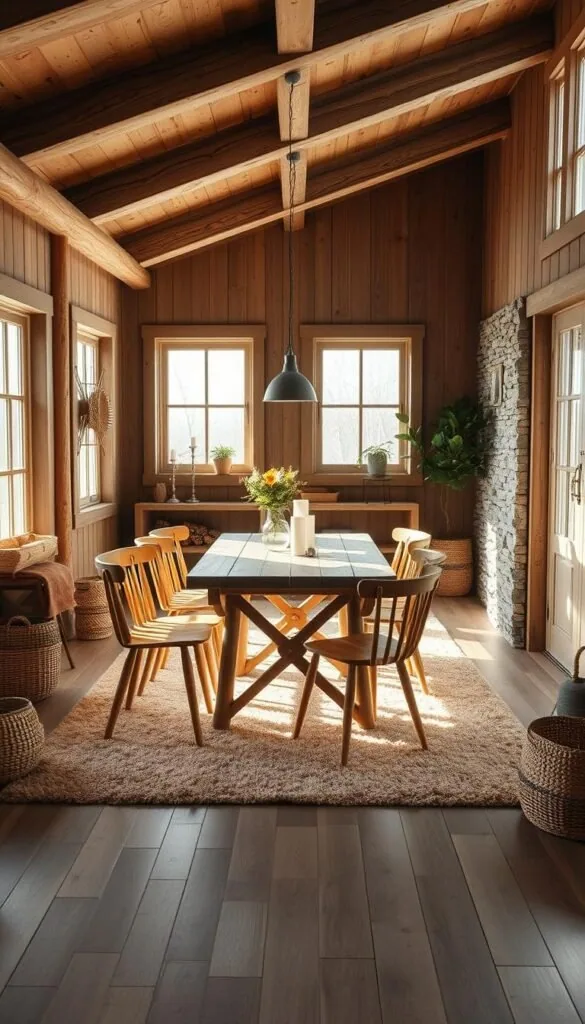 Prompt A cozy and inviting Scandinavian-style cabin interior, bathed in soft natural light filtering through large windows. The main focal point is a rustic wooden table surrounded by minimalist wooden chairs, complemented by a plush area rug in earthy tones. The walls are adorned with natural materials like exposed wooden beams and stone accents, creating a harmonious and calming ambiance. Carefully placed decor elements, such as candles, potted plants, and woven baskets, add warmth and texture to the space. The overall atmosphere evokes a sense of simplicity, functionality, and a deep connection to the natural world - the essence of authentic Scandinavian cabin design.
