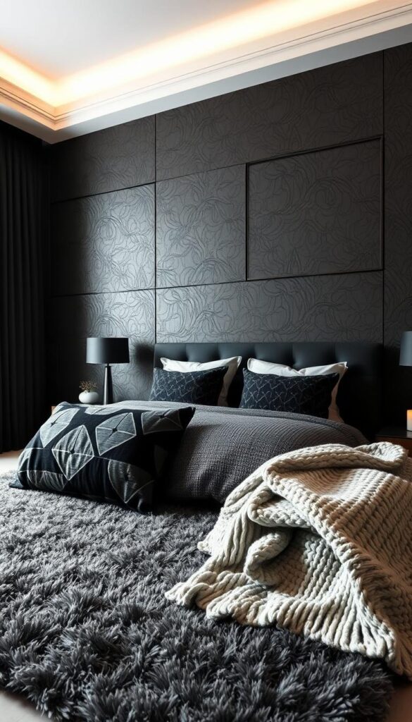 Prompt A luxurious black and grey bedroom, the walls textured with intricate patterns that dance across the surface. Soft, muted lighting casts a warm glow, accentuating the interplay of light and shadow. The floor is covered in a plush, charcoal-colored rug, its delicate fibers adding depth and dimension. Elegant, geometric-patterned throw pillows and a chunky knit blanket add layers of texture, creating a cozy and inviting atmosphere. The overall effect is one of refined sophistication, where the interplay of contrasting hues and tactile elements create a harmonious and visually captivating space. Prompt A luxurious black and grey bedroom, the walls textured with intricate patterns that dance across the surface. Soft, muted lighting casts a warm glow, accentuating the interplay of light and shadow. The floor is covered in a plush, charcoal-colored rug, its delicate fibers adding depth and dimension. Elegant, geometric-patterned throw pillows and a chunky knit blanket add layers of texture, creating a cozy and inviting atmosphere. The overall effect is one of refined sophistication, where the interplay of contrasting hues and tactile elements create a harmonious and visually captivating space.