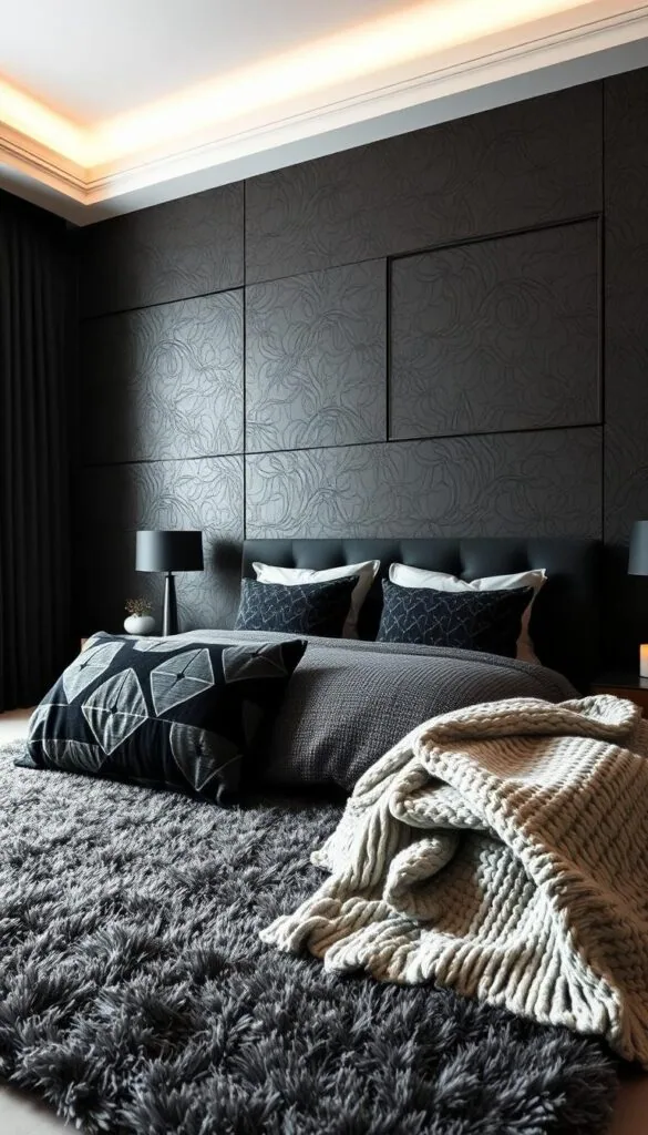 Prompt A luxurious black and grey bedroom, the walls textured with intricate patterns that dance across the surface. Soft, muted lighting casts a warm glow, accentuating the interplay of light and shadow. The floor is covered in a plush, charcoal-colored rug, its delicate fibers adding depth and dimension. Elegant, geometric-patterned throw pillows and a chunky knit blanket add layers of texture, creating a cozy and inviting atmosphere. The overall effect is one of refined sophistication, where the interplay of contrasting hues and tactile elements create a harmonious and visually captivating space.