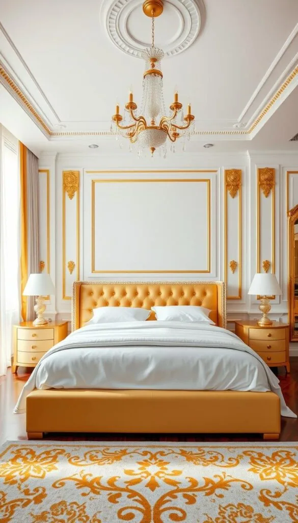 Prompt A luxurious white and gold bedroom with a modern, elegant aesthetic. The foreground features a plush king-size bed with crisp white linens, accented by golden tufted headboard and matching side tables. Sheer white curtains frame the large windows, allowing warm natural light to flood the space. In the middle ground, a sparkling crystal chandelier casts a soft, ambient glow. The background showcases pristine white walls adorned with intricate golden wall moldings, creating a sense of opulence. Polished hardwood floors are complemented by a sumptuous gold and ivory area rug. The overall atmosphere is one of timeless sophistication and refined beauty.