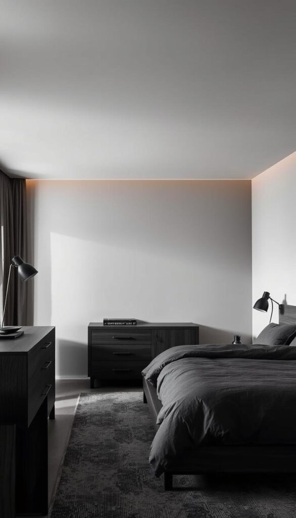 Prompt A modern black and grey bedroom, bathed in soft, ambient lighting that casts a warm glow. Sleek, minimalist furniture pieces - a low-profile platform bed, a chest of drawers, and a nightstand - all crafted from rich, charcoal-hued wood. Plush, textured bedding in shades of slate, creating a cozy, inviting atmosphere. Subtle metallic accents, like matte black lamps and hardware, add a touch of sophistication. The space is uncluttered and serene, with clean lines and a calming color palette that exudes a sense of tranquility and sophistication. Prompt A modern black and grey bedroom, bathed in soft, ambient lighting that casts a warm glow. Sleek, minimalist furniture pieces - a low-profile platform bed, a chest of drawers, and a nightstand - all crafted from rich, charcoal-hued wood. Plush, textured bedding in shades of slate, creating a cozy, inviting atmosphere. Subtle metallic accents, like matte black lamps and hardware, add a touch of sophistication. The space is uncluttered and serene, with clean lines and a calming color palette that exudes a sense of tranquility and sophistication.