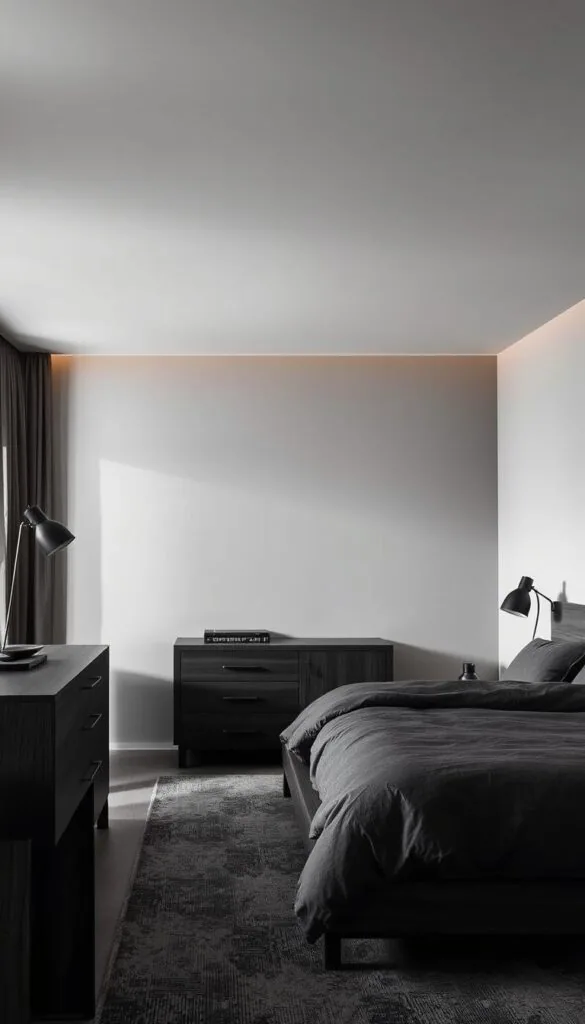 Prompt A modern black and grey bedroom, bathed in soft, ambient lighting that casts a warm glow. Sleek, minimalist furniture pieces - a low-profile platform bed, a chest of drawers, and a nightstand - all crafted from rich, charcoal-hued wood. Plush, textured bedding in shades of slate, creating a cozy, inviting atmosphere. Subtle metallic accents, like matte black lamps and hardware, add a touch of sophistication. The space is uncluttered and serene, with clean lines and a calming color palette that exudes a sense of tranquility and sophistication.