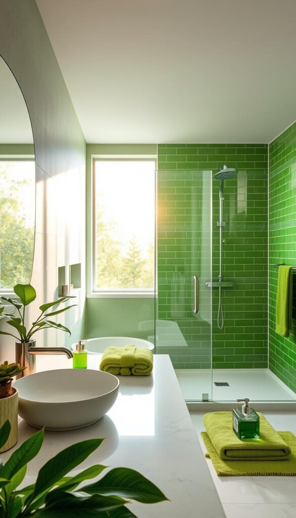 Prompt A serene, well-lit bathroom with lush green accents. In the foreground, a sleek vanity topped with a porcelain sink, surrounded by an array of verdant accessories - a potted plant, plush towels, and a decorative soap dispenser. The middle ground features a modern glass-enclosed shower with a rainfall showerhead, its walls adorned with vibrant green tiles. The background showcases a large window, allowing natural light to flood the space and cast a warm, soothing glow. The overall atmosphere is one of tranquility and sophistication, creating a sanctuary-like ambiance.