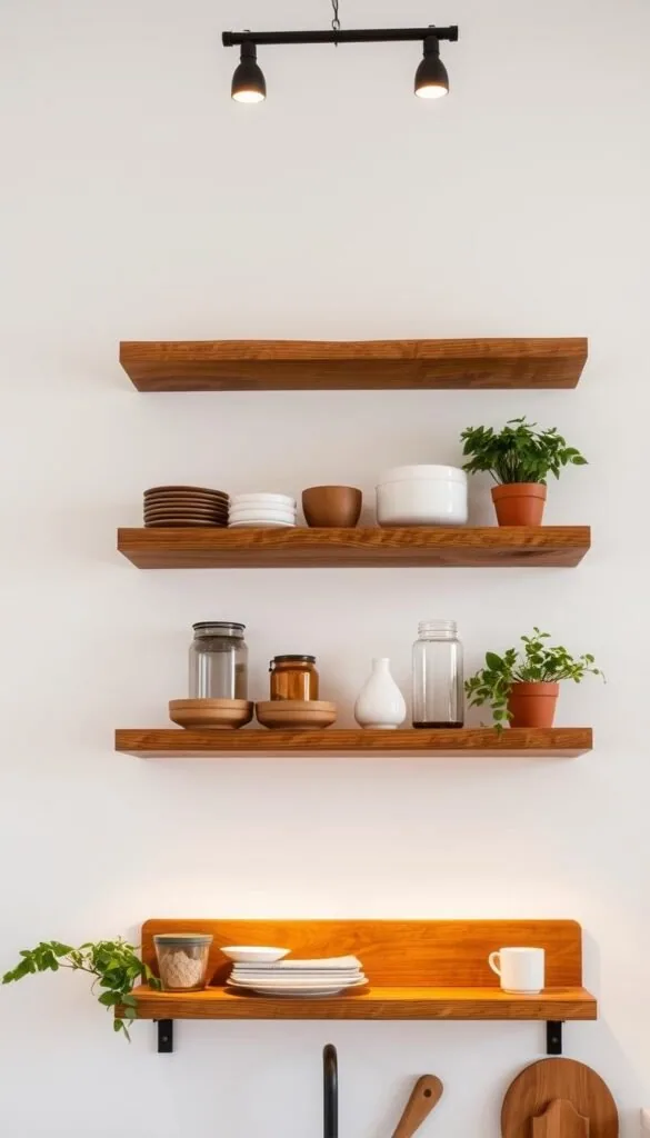 Rustic open kitchen with natural wood floating shelves, warm lighting, and a minimalist design. Floating wooden shelves in a rich, earthy tone, showcasing an artful arrangement of ceramic dishware, glass jars, and potted greenery. The shelves are mounted on a plain white wall, creating a striking contrast. Soft, diffused lighting from overhead fixtures casts a warm glow, accentuating the organic textures. The shelves are angled slightly to create visual interest, and the overall composition has a sense of balance and simplicity. The scene conveys a cozy, inviting atmosphere, perfect for a rustic yet stylish kitchen space. Rustic open kitchen with natural wood floating shelves, warm lighting, and a minimalist design. Floating wooden shelves in a rich, earthy tone, showcasing an artful arrangement of ceramic dishware, glass jars, and potted greenery. The shelves are mounted on a plain white wall, creating a striking contrast. Soft, diffused lighting from overhead fixtures casts a warm glow, accentuating the organic textures. The shelves are angled slightly to create visual interest, and the overall composition has a sense of balance and simplicity. The scene conveys a cozy, inviting atmosphere, perfect for a rustic yet stylish kitchen space.
