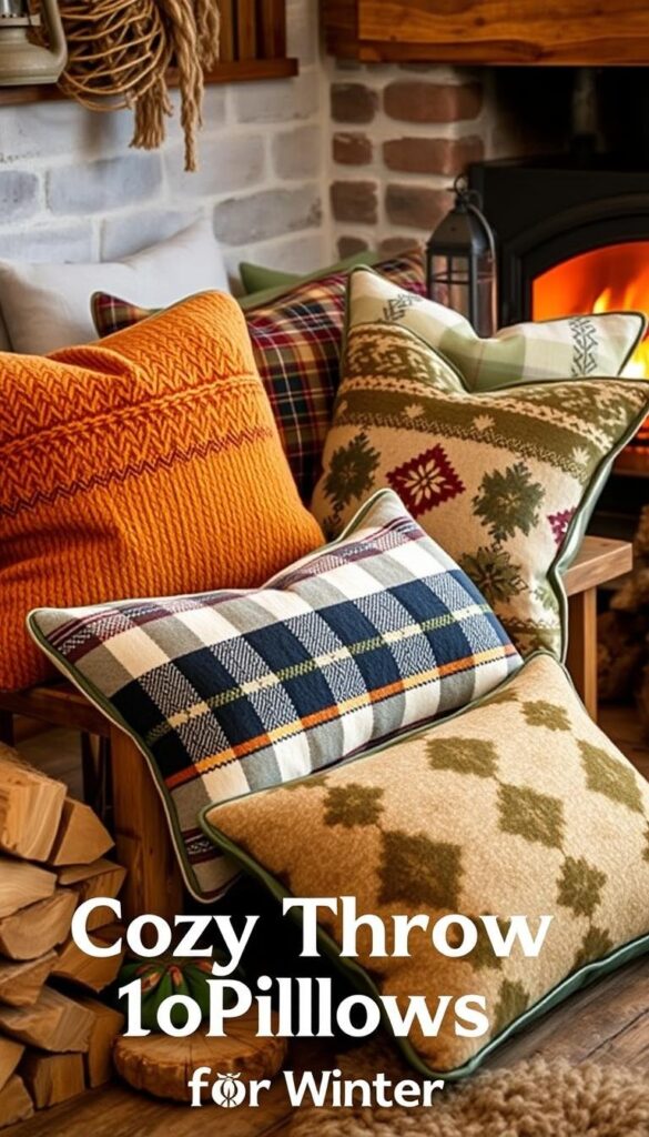 Rustic winter home decor throw pillows, arranged in a cozy, inviting vignette. Plush, textured fabrics in earthy tones of terracotta, mustard, and olive green. Intricate patterns of checks, plaids, and Nordic-inspired designs. Soft lighting from a nearby fireplace casts a warm, ambient glow, highlighting the natural, lived-in charm of the scene. Pillows are casually tossed on a weathered wooden bench, surrounded by stacks of firewood and a vintage-inspired lantern. The overall mood is one of hygge, a sense of comforting contentment and relaxation. This image perfectly captures the essence of "Cozy Throw Pillows for Winter."