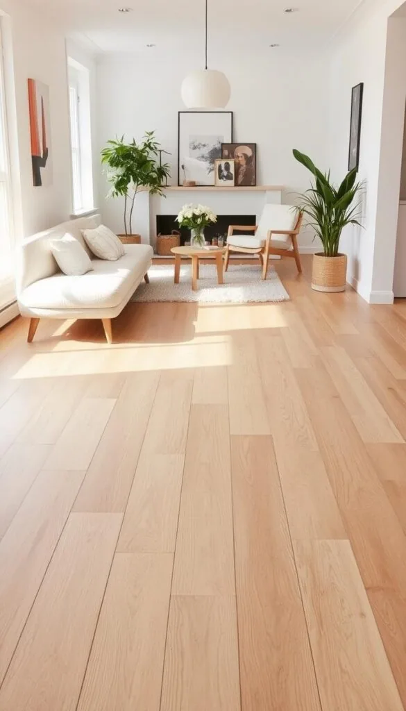 Scandinavian flooring in a warm, natural Nordic style. A wide plank wooden floor, light oak or ash in tone, with a subtle grain pattern. The floor is evenly lit from above, casting soft shadows and highlights that accentuate the tactile texture. The wooden planks run horizontally, creating a sense of spaciousness and flow. Minimalist Scandinavian decor surrounds the floor, with clean white walls, sleek furniture, and natural accents like lush plants. The overall atmosphere is serene, inviting, and in harmony with the Scandinavian aesthetic. Scandinavian flooring in a warm, natural Nordic style. A wide plank wooden floor, light oak or ash in tone, with a subtle grain pattern. The floor is evenly lit from above, casting soft shadows and highlights that accentuate the tactile texture. The wooden planks run horizontally, creating a sense of spaciousness and flow. Minimalist Scandinavian decor surrounds the floor, with clean white walls, sleek furniture, and natural accents like lush plants. The overall atmosphere is serene, inviting, and in harmony with the Scandinavian aesthetic.