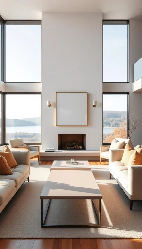 Scandinavian interior design focal points: a serene, well-lit living room with a sleek, minimalist fireplace as the central feature, surrounded by a cozy, neutral-toned seating arrangement. In the foreground, a simple, elegant coffee table with clean lines. In the middle ground, a large, statement artwork or mirror hangs on the wall, drawing the eye. The background features large windows overlooking a serene, natural landscape, allowing natural light to flood the space. The overall atmosphere is one of understated sophistication and calming, harmonious balance. Scandinavian interior design focal points: a serene, well-lit living room with a sleek, minimalist fireplace as the central feature, surrounded by a cozy, neutral-toned seating arrangement. In the foreground, a simple, elegant coffee table with clean lines. In the middle ground, a large, statement artwork or mirror hangs on the wall, drawing the eye. The background features large windows overlooking a serene, natural landscape, allowing natural light to flood the space. The overall atmosphere is one of understated sophistication and calming, harmonious balance.