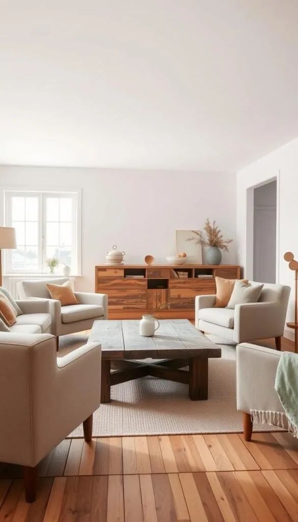 Scandinavian interior with reclaimed wood elements: A cozy, well-lit living room featuring a rustic wooden coffee table, flanked by two armchairs upholstered in neutral tones. The walls are painted a soft, light gray, complementing the natural wood accents. In the background, a large window lets in abundant natural light, revealing a minimalist, Scandinavian-inspired design aesthetic. The room exudes a sense of warmth and balance, with the reclaimed wood elements adding depth and character to the space. Scandinavian interior with reclaimed wood elements: A cozy, well-lit living room featuring a rustic wooden coffee table, flanked by two armchairs upholstered in neutral tones. The walls are painted a soft, light gray, complementing the natural wood accents. In the background, a large window lets in abundant natural light, revealing a minimalist, Scandinavian-inspired design aesthetic. The room exudes a sense of warmth and balance, with the reclaimed wood elements adding depth and character to the space.
