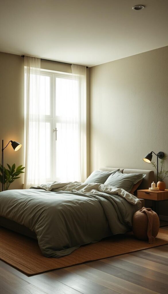 Serene sage green bedroom with soft, diffused lighting. A large window fills the space with natural light, casting a warm glow on the textured walls. Cozy bedding in muted tones complements the earthy color palette. Subtle floor lamps and table sconces provide gentle illumination, creating a tranquil ambiance. Wispy sheer curtains filter the light, lending an ethereal, spa-like atmosphere. Carefully curated decor elements, such as potted plants and natural-fiber accents, complete the calming, cohesive look. A harmonious blend of modern and rustic elements, this sage green bedroom scene evokes a sense of peaceful retreat. Serene sage green bedroom with soft, diffused lighting. A large window fills the space with natural light, casting a warm glow on the textured walls. Cozy bedding in muted tones complements the earthy color palette. Subtle floor lamps and table sconces provide gentle illumination, creating a tranquil ambiance. Wispy sheer curtains filter the light, lending an ethereal, spa-like atmosphere. Carefully curated decor elements, such as potted plants and natural-fiber accents, complete the calming, cohesive look. A harmonious blend of modern and rustic elements, this sage green bedroom scene evokes a sense of peaceful retreat.