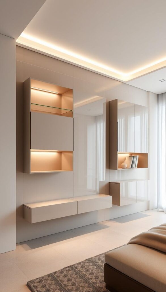 Sleek floating storage units maximizing floor space