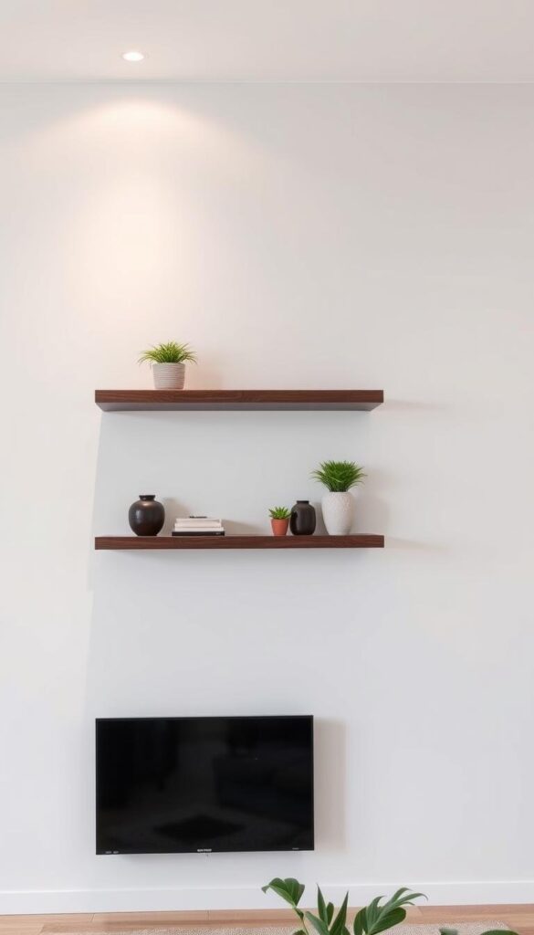 Stylish floating display shelves in living room