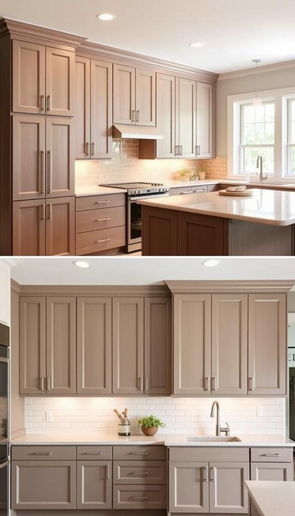 Taupe cabinetry in modern and traditional kitchens
