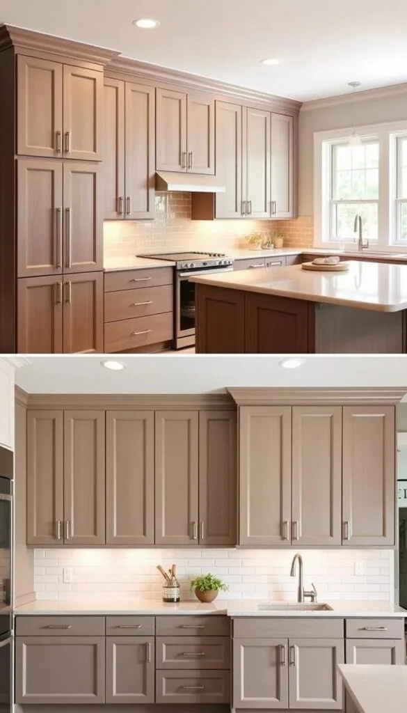 Taupe cabinetry in modern and traditional kitchens