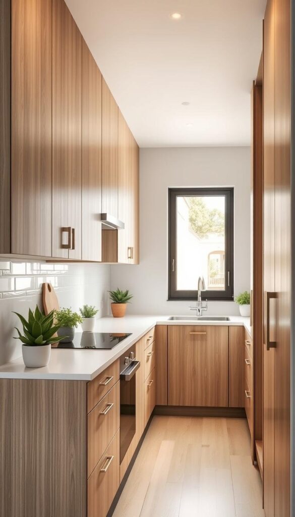 Taupe kitchen cabinets in small space