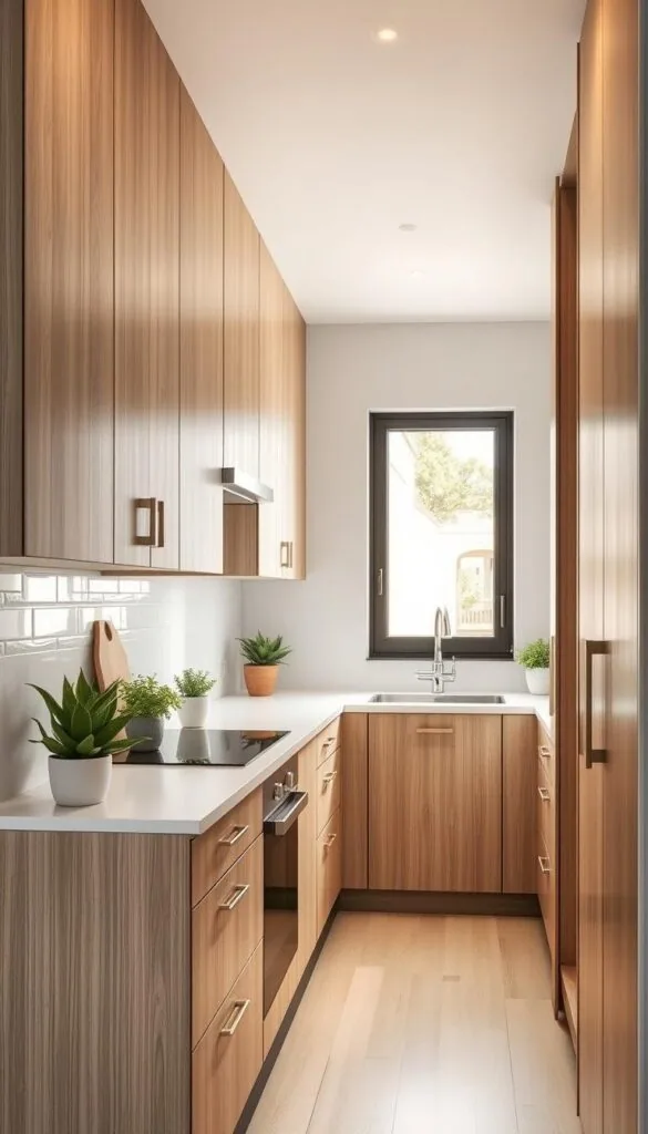 Taupe kitchen cabinets in small space