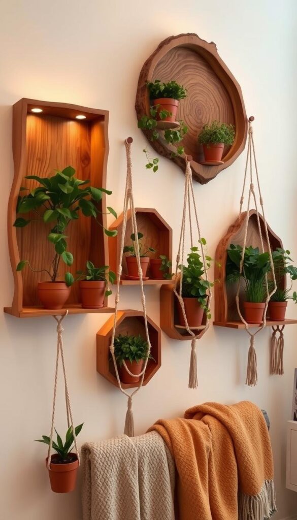 Unique boho wall shelves styled with plants and textiles