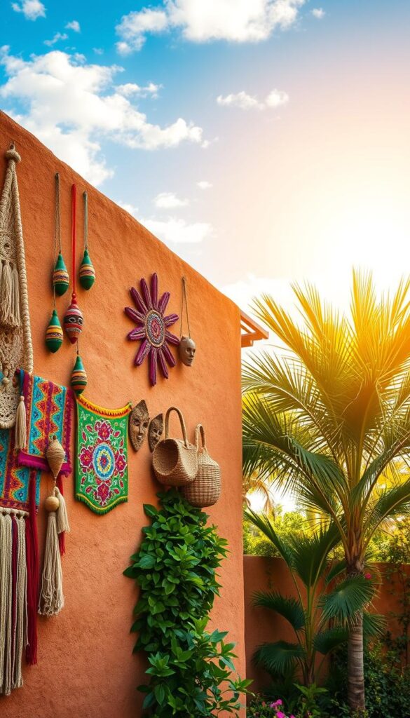 Vibrant Latin American wall decor in a warm, sun-drenched setting. The foreground features a rustic adobe wall adorned with intricately woven macrame hangings, handpainted ceramic tiles, and vibrant textile tapestries. Hanging from the wall, colorful maracas, wooden masks, and woven baskets add depth and texture. The middle ground showcases a lush, verdant tropical garden with tall palms and flowering vines cascading down the wall. In the background, a cloudless azure sky bathes the scene in a golden glow, creating a sense of heat and energy. The overall composition evokes the rich cultural heritage and joyful spirit of Latin American design. Vibrant Latin American wall decor in a warm, sun-drenched setting. The foreground features a rustic adobe wall adorned with intricately woven macrame hangings, handpainted ceramic tiles, and vibrant textile tapestries. Hanging from the wall, colorful maracas, wooden masks, and woven baskets add depth and texture. The middle ground showcases a lush, verdant tropical garden with tall palms and flowering vines cascading down the wall. In the background, a cloudless azure sky bathes the scene in a golden glow, creating a sense of heat and energy. The overall composition evokes the rich cultural heritage and joyful spirit of Latin American design.