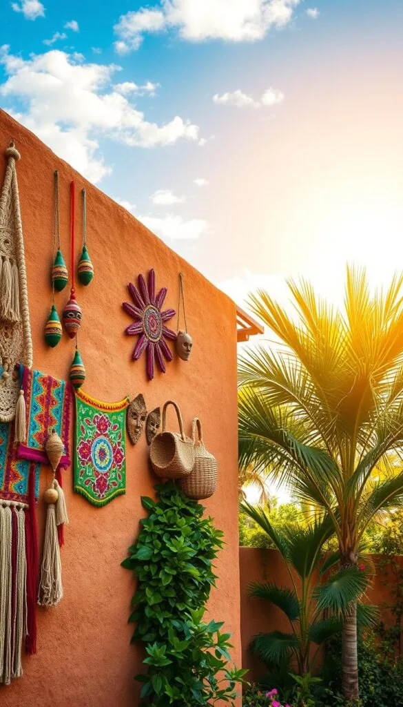 Vibrant Latin American wall decor in a warm, sun-drenched setting. The foreground features a rustic adobe wall adorned with intricately woven macrame hangings, handpainted ceramic tiles, and vibrant textile tapestries. Hanging from the wall, colorful maracas, wooden masks, and woven baskets add depth and texture. The middle ground showcases a lush, verdant tropical garden with tall palms and flowering vines cascading down the wall. In the background, a cloudless azure sky bathes the scene in a golden glow, creating a sense of heat and energy. The overall composition evokes the rich cultural heritage and joyful spirit of Latin American design. Vibrant Latin American wall decor in a warm, sun-drenched setting. The foreground features a rustic adobe wall adorned with intricately woven macrame hangings, handpainted ceramic tiles, and vibrant textile tapestries. Hanging from the wall, colorful maracas, wooden masks, and woven baskets add depth and texture. The middle ground showcases a lush, verdant tropical garden with tall palms and flowering vines cascading down the wall. In the background, a cloudless azure sky bathes the scene in a golden glow, creating a sense of heat and energy. The overall composition evokes the rich cultural heritage and joyful spirit of Latin American design.