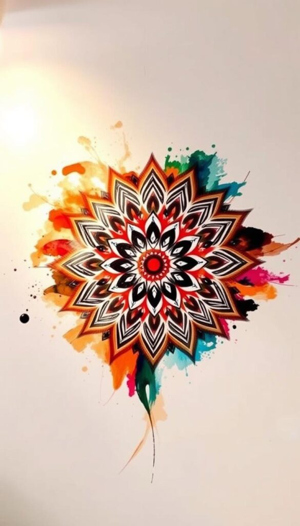 Vibrant and captivating Indian contemporary art piece, featuring a harmonious blend of traditional elements and modern abstract forms. The centerpiece is a mesmerizing mandala-inspired motif, with intricate geometric patterns in a rich palette of earthy ochres, vibrant reds, and soothing blues. Surrounding the mandala are delicate, flowing brushstrokes that create a sense of movement and fluidity, evoking the dynamism of Indian culture. The lighting is soft and diffused, casting a warm, inviting glow that enhances the depth and texture of the artwork. The overall composition is balanced and visually striking, presenting a captivating representation of the rich artistic heritage of India.