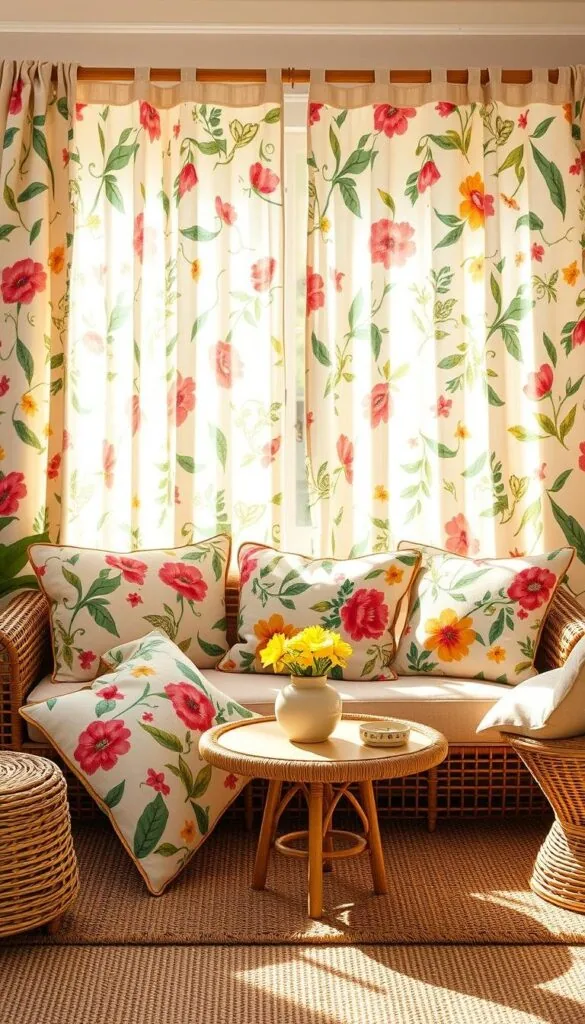 Vibrant floral patterns dance across a sun-drenched summer backdrop, creating a joyful, carefree ambiance. Swirling foliage and whimsical botanical motifs frolic across textured fabrics, from plush throw pillows to breezy curtain panels. Soft, filtered light filters through airy linen, casting a warm, golden glow that enhances the playful, nature-inspired color palette. Woven accents and rattan furnishings add organic texture, while playful geometric shapes provide a modern counterpoint. The overall aesthetic is一part vintage charm, one-part contemporary chic一a harmonious blend of classic and current summer style.