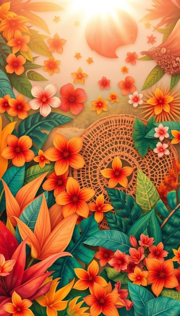 Vibrant summer wall art, featuring a lively collage of tropical foliage, blooming flowers, and whimsical shapes. The foreground showcases an array of bold, dynamic brushstrokes in warm, saturated hues, creating a sense of movement and energy. The middle ground features intricate patterns and textural elements, such as woven rattan, carved wood, and delicate paper cutouts, adding depth and visual interest. The background presents a softly blurred, sun-dappled landscape, evoking the carefree ambiance of a breezy summer day. Illuminated by warm, golden lighting that casts gentle shadows, the overall composition radiates a playful, joyful atmosphere, perfectly encapsulating the spirit of summer. Vibrant summer wall art, featuring a lively collage of tropical foliage, blooming flowers, and whimsical shapes. The foreground showcases an array of bold, dynamic brushstrokes in warm, saturated hues, creating a sense of movement and energy. The middle ground features intricate patterns and textural elements, such as woven rattan, carved wood, and delicate paper cutouts, adding depth and visual interest. The background presents a softly blurred, sun-dappled landscape, evoking the carefree ambiance of a breezy summer day. Illuminated by warm, golden lighting that casts gentle shadows, the overall composition radiates a playful, joyful atmosphere, perfectly encapsulating the spirit of summer.