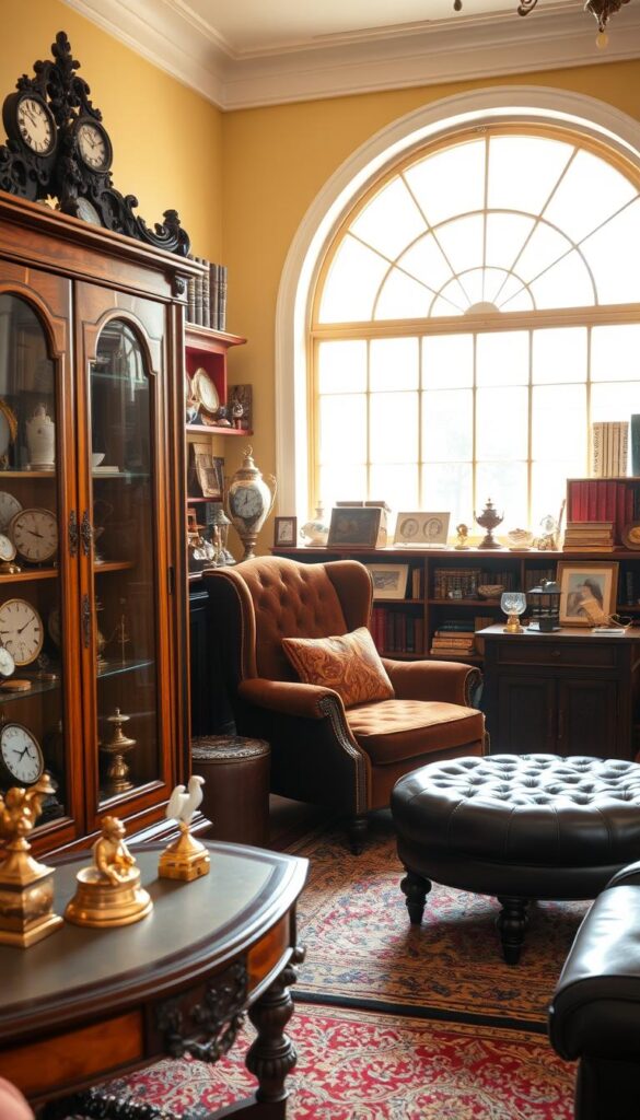 Vintage collections display: A cozy, well-lit living room showcases a carefully curated arrangement of antique curiosities. In the foreground, an ornate wooden cabinet displays a collection of vintage timepieces, porcelain figurines, and brass trinkets. The middle ground features a velvet-upholstered armchair and a tufted leather ottoman, providing a comfortable space to admire the display. The background is filled with bookshelves and a large, arched window that bathes the room in a warm, golden glow, creating a sense of timeless elegance. The overall atmosphere evokes a nostalgic, refined ambiance, inviting the viewer to step back in time and immerse themselves in the charm of a bygone era. Vintage collections display: A cozy, well-lit living room showcases a carefully curated arrangement of antique curiosities. In the foreground, an ornate wooden cabinet displays a collection of vintage timepieces, porcelain figurines, and brass trinkets. The middle ground features a velvet-upholstered armchair and a tufted leather ottoman, providing a comfortable space to admire the display. The background is filled with bookshelves and a large, arched window that bathes the room in a warm, golden glow, creating a sense of timeless elegance. The overall atmosphere evokes a nostalgic, refined ambiance, inviting the viewer to step back in time and immerse themselves in the charm of a bygone era.